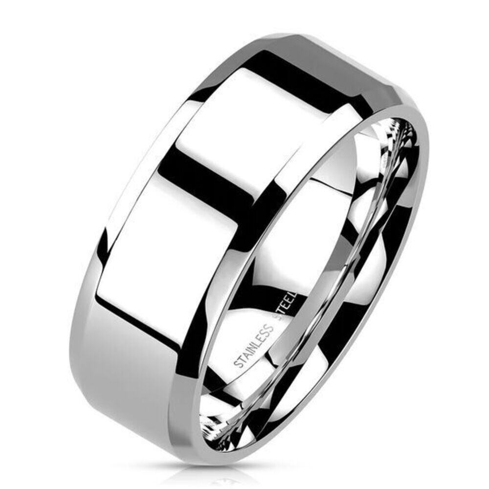 Mirror Polished Flat Band With Beveled‎ Edge 316L Stainless Steel Ring Size 7